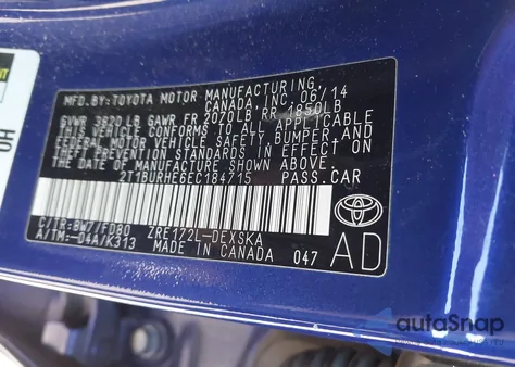 2014 Toyota Corolla S Plus из США, поврежденный, VIN 2T1BURHE6EC184715